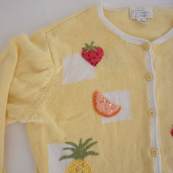 Christopher Banks Yellow Fruit Novelty Beaded Knit Cardigan Preppy Sweater M - Picture 9 of 11
